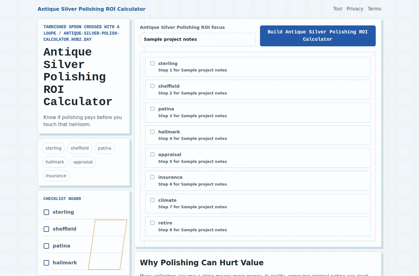 Screenshot of Antique Silver Polishing ROI Calculator interface showing the project page in use